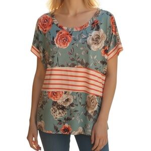 Sew In Love Woman’s Floral Stripe Short Sleeve Top - Teal and Orange | Size XL